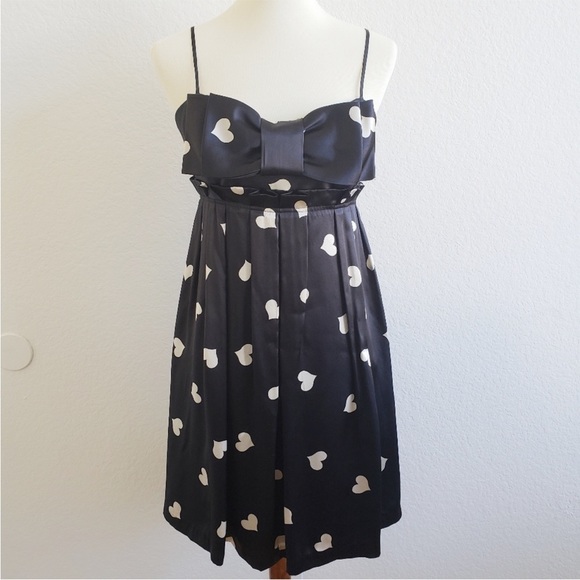 Betsey Johnson 90s Y2k Silk Black White Heart Bow Dress Size 12 RARE - Picture 2 of 5